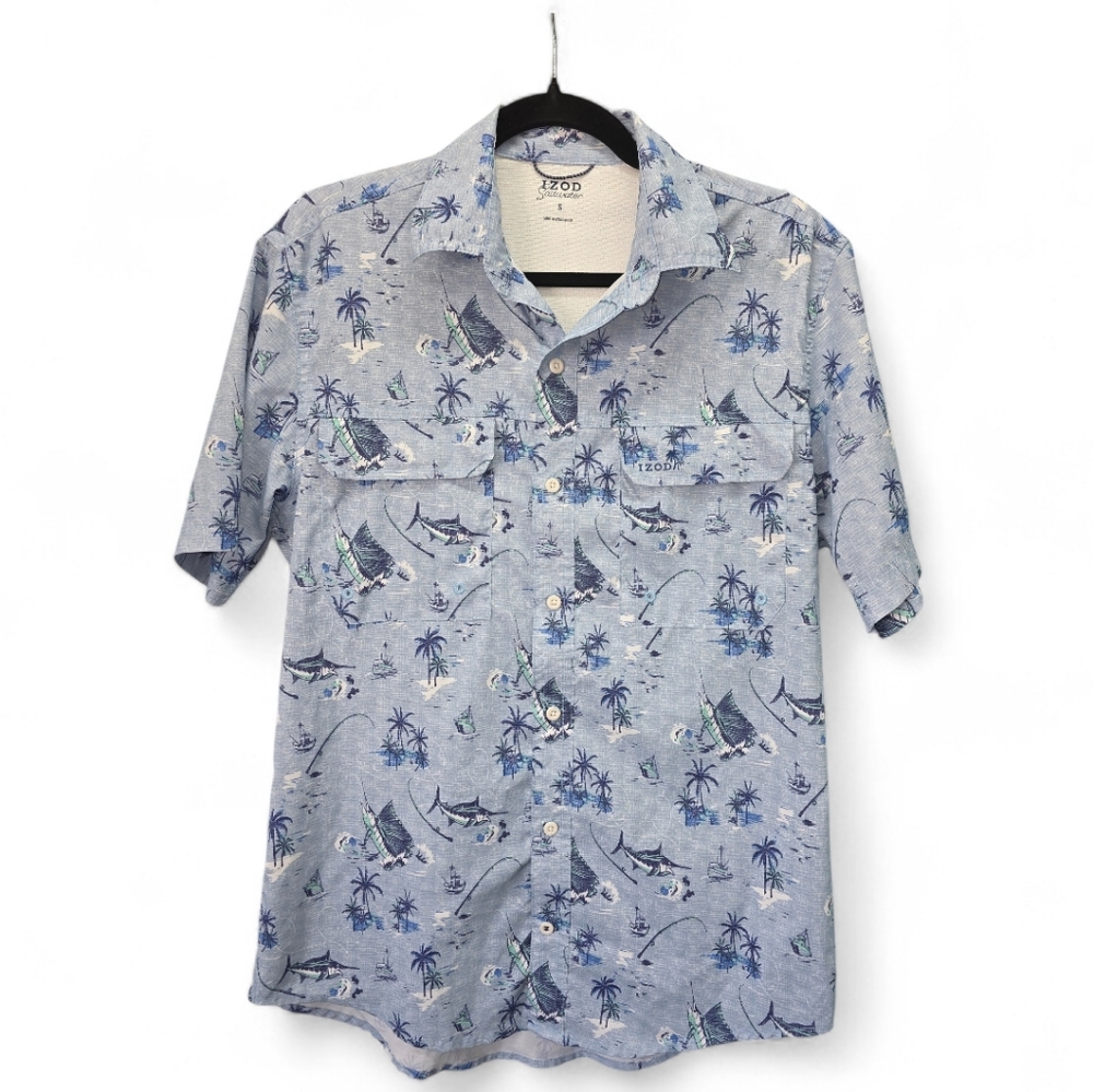 Izod Saltwater Blue Fishing Print Button Down Shirt Men's Small Short Sleeve